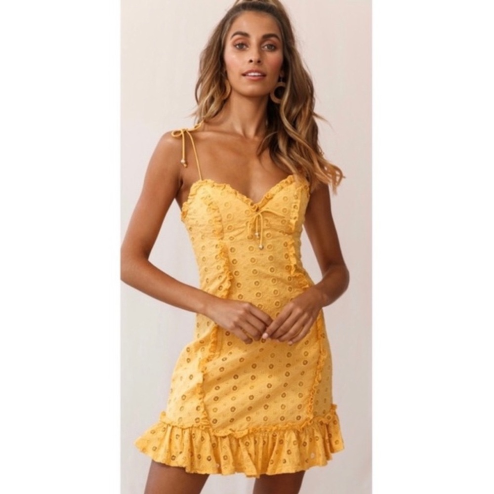 Selfie Leslie Yellow Eyelet Mini Dress